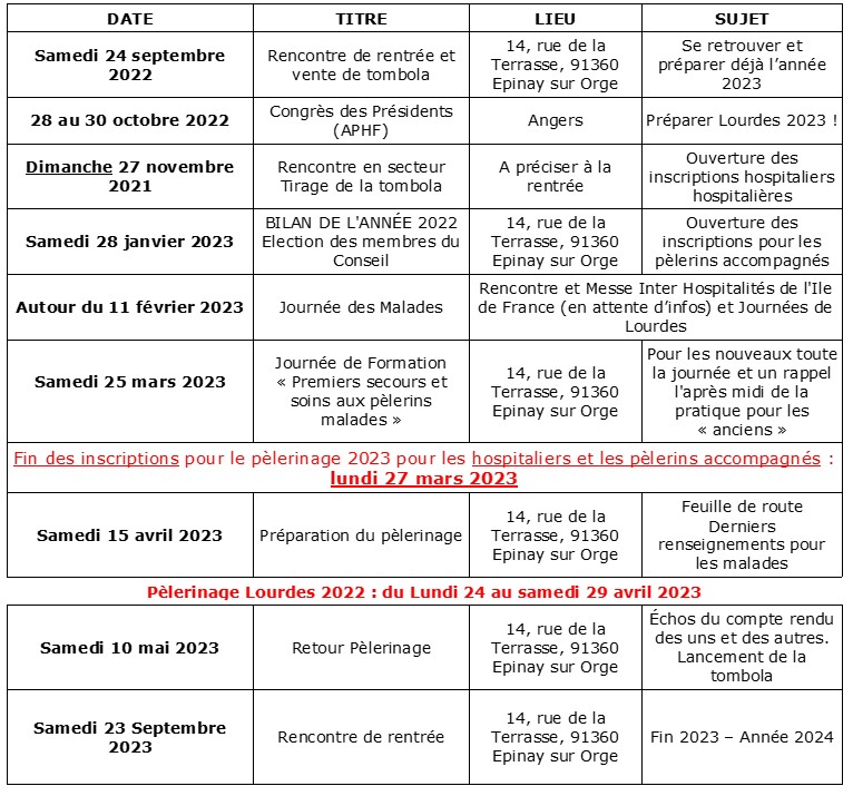 calendrier 2022 2023 hospitalite