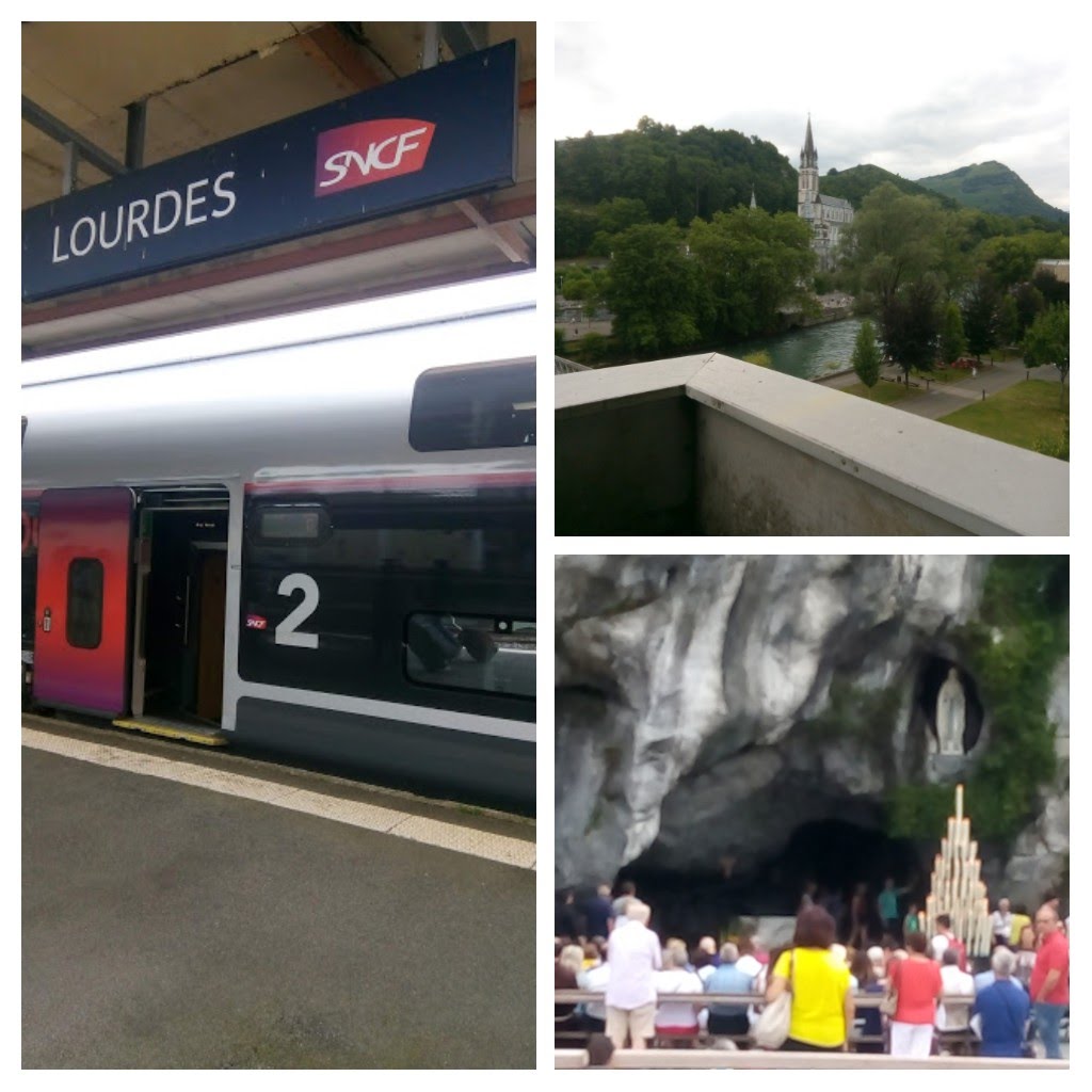 Collage de photos d'avril 2019 : TGV en gare de Lourdes, vue depuis l'Accueil Notre Dame et Grotte de Massabielle
